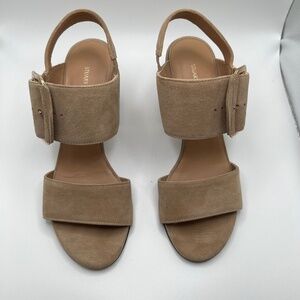 Stuart Weitzman Nude/Tan  Suede Sandals Wide Straps Gold